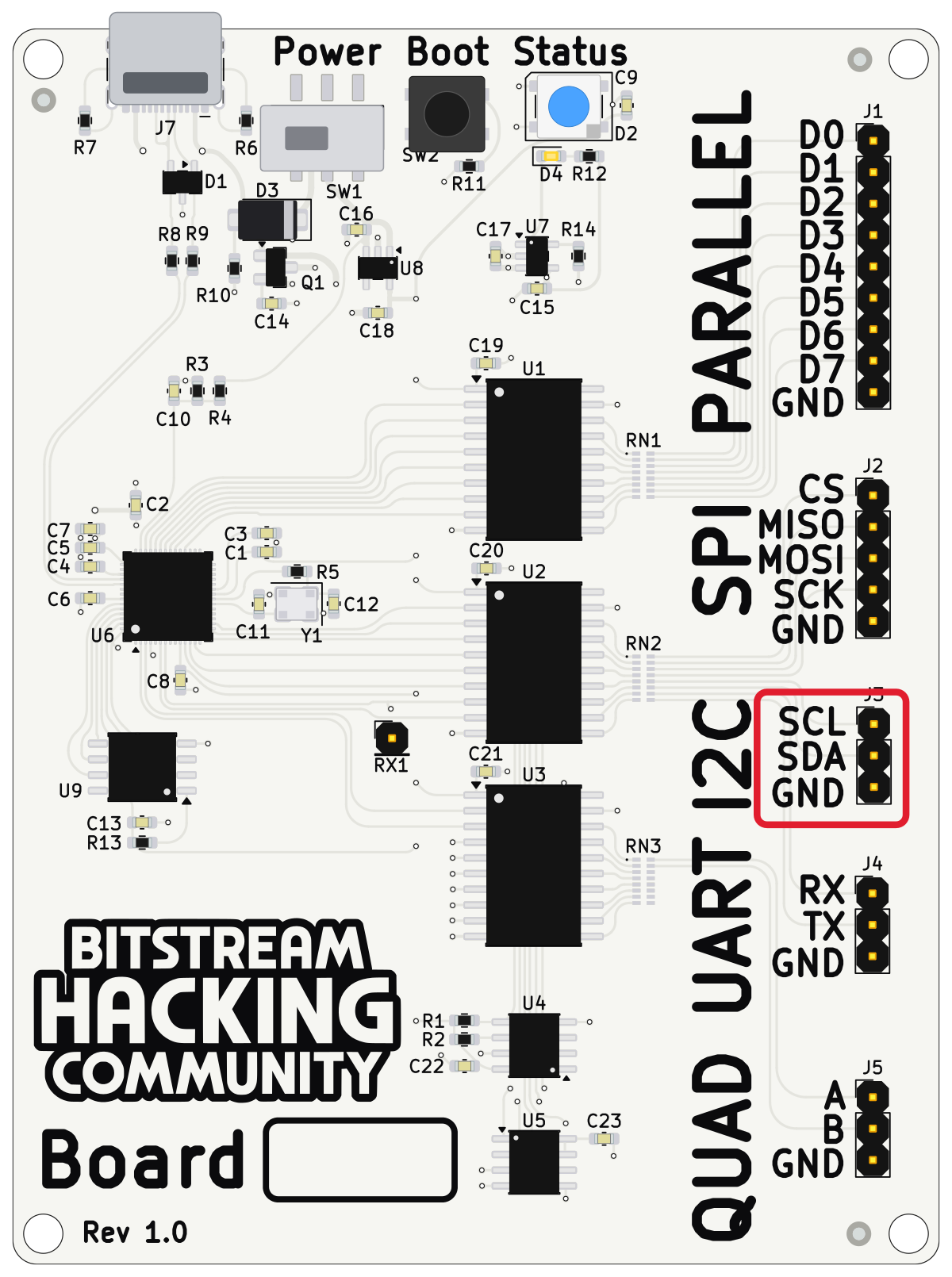Top view of the sniffer board with the I&sup2;C header outlined in a red box