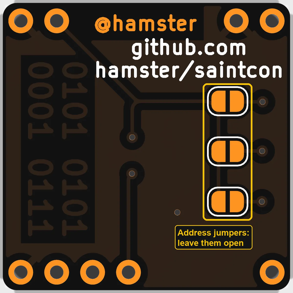 Render of the minibadge back with the three solder jumpers outlined and labelled: address jumpers, leave them open